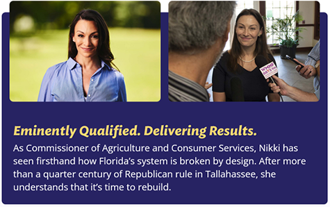 Vote for Nikki Fried Governor of  Florida. Give the homophobic, DeSantis the boot.  No leader should put guns and politics before the lives of our children and seniors.